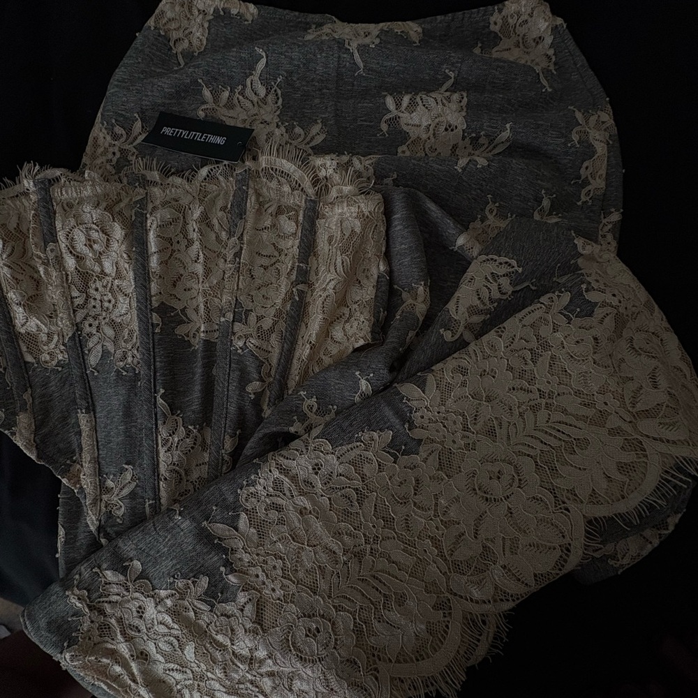PrettyLittleThing Charcoal and Beige Lace Skirt + Corset Set